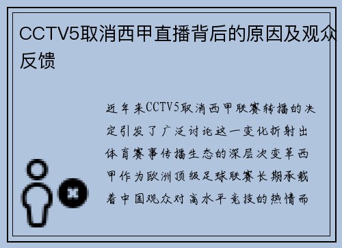 CCTV5取消西甲直播背后的原因及观众反馈